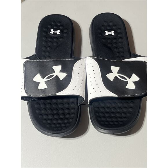 Under Armour Ignite Pro Slides Mens 17 Black White Slip On Flip Flop Sandals - Picture 2 of 9